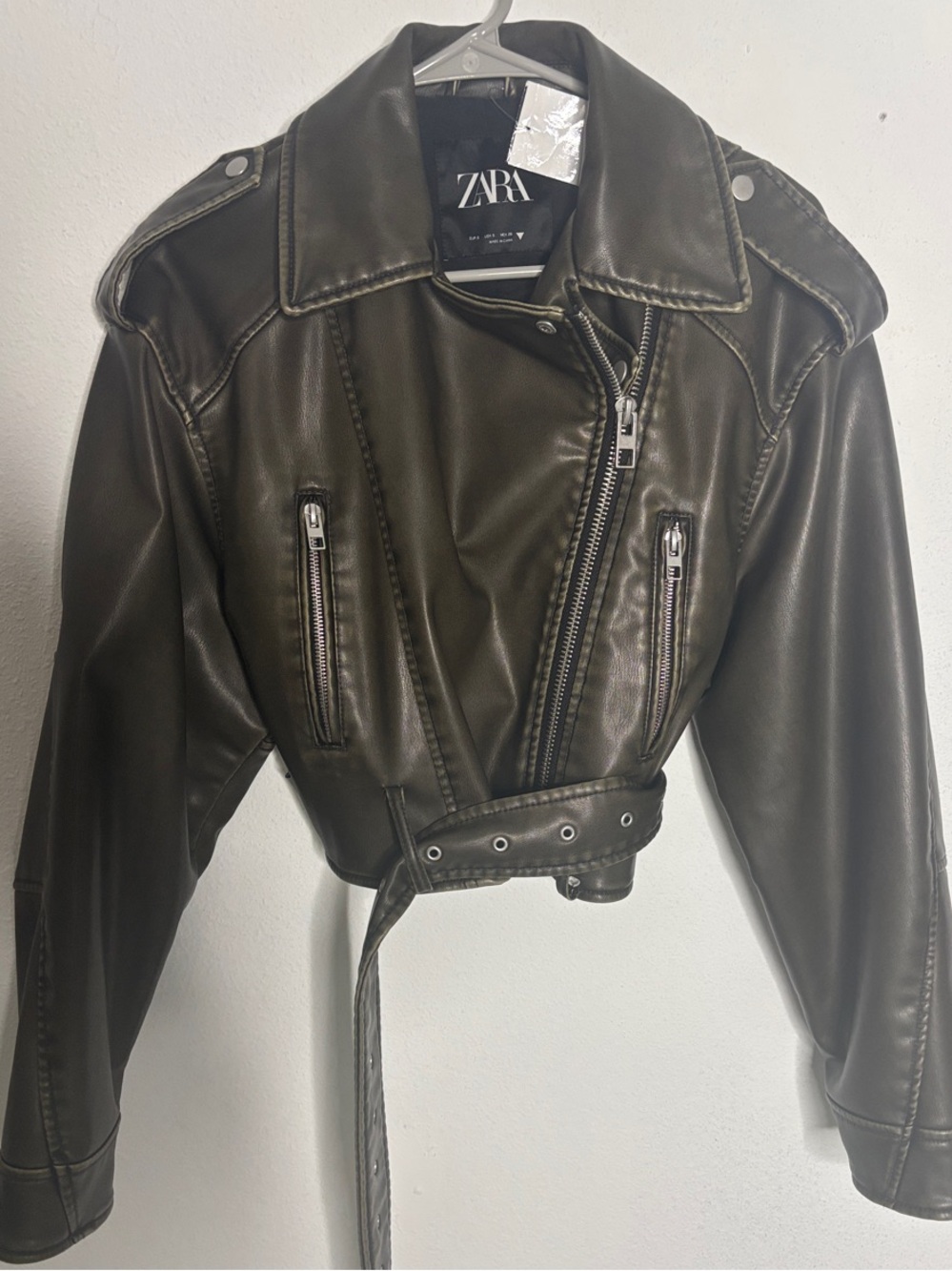 ZARA Olive Faux Leather Cropped Biker Jacket